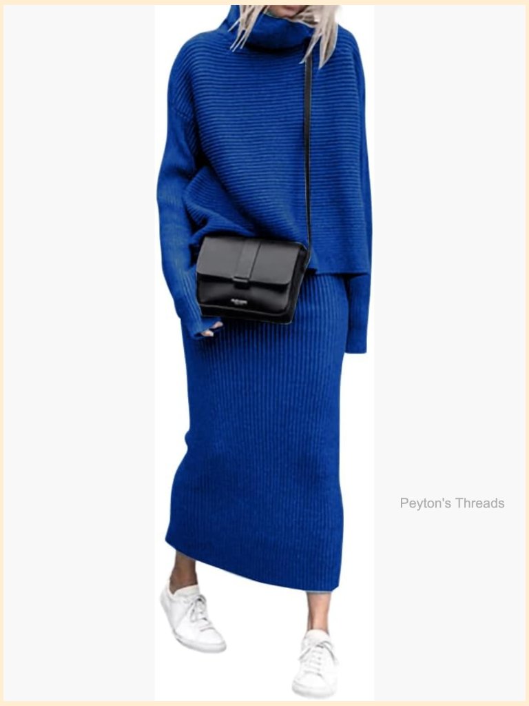 2 Piece Sweater Skirt Set Ribbed Knit Turtleneck Midi Pencil Skirt Set